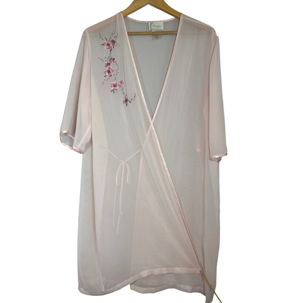Vintage Pink Sheer Shortie Robe Embroidered Lingerie Boudoir Coquette Large